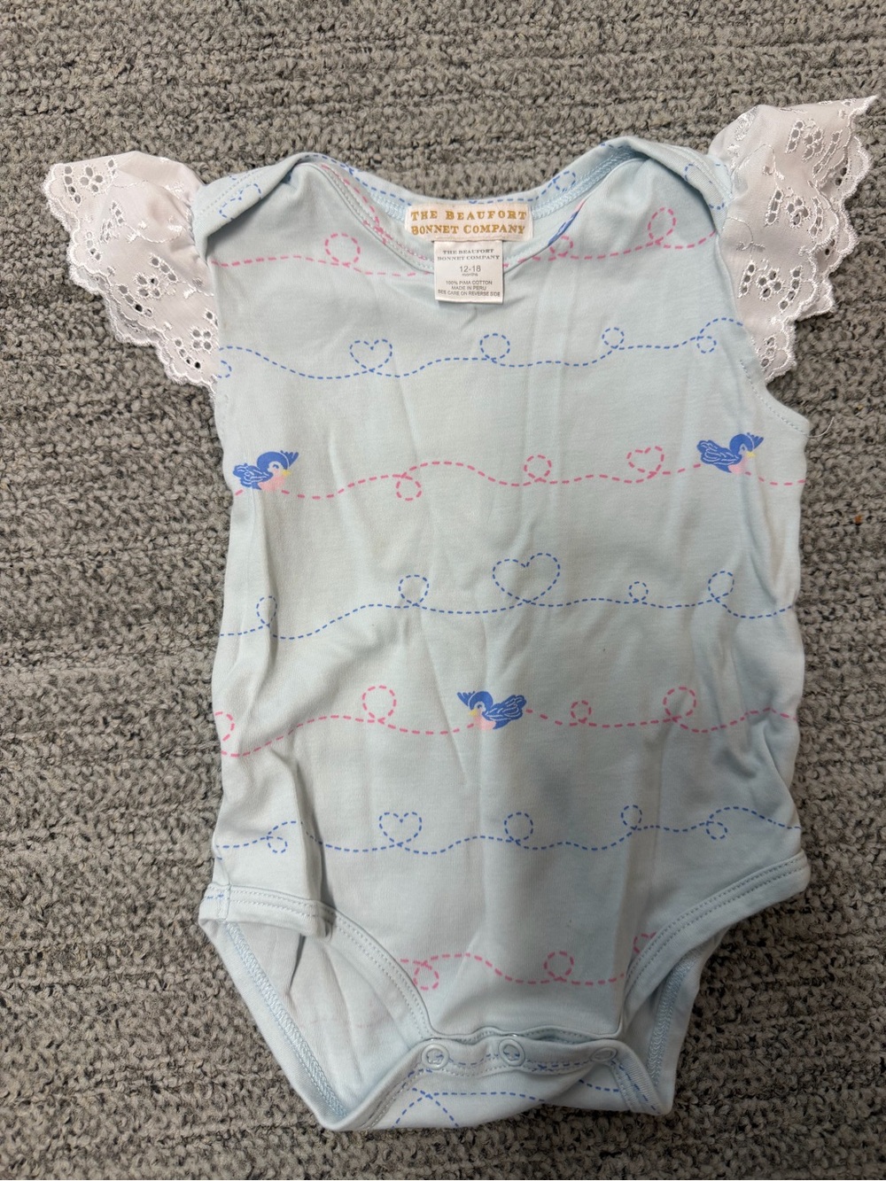 The Beaufort Bonnet Company Light Blue Bird Print Onesie with White Lace